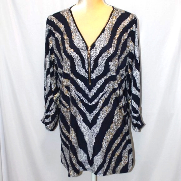 JM Collection Tops - JM Collection V-Neck Navy & Metallic 3/4 Sleeve  Zebra Print Top
